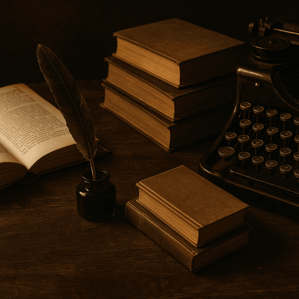 Vintage writing desk with books, quill pen and typewriter