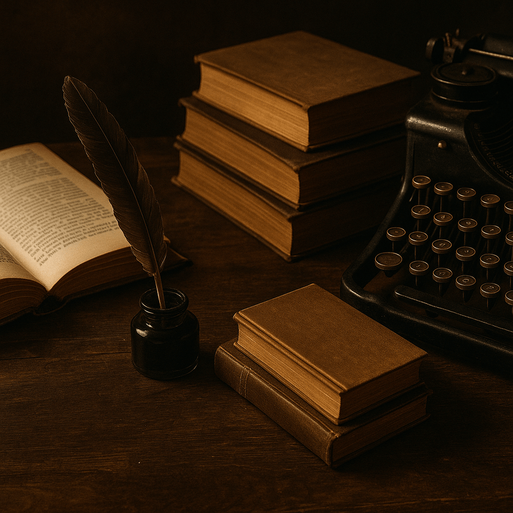 Vintage writing desk with books, quill pen and typewriter